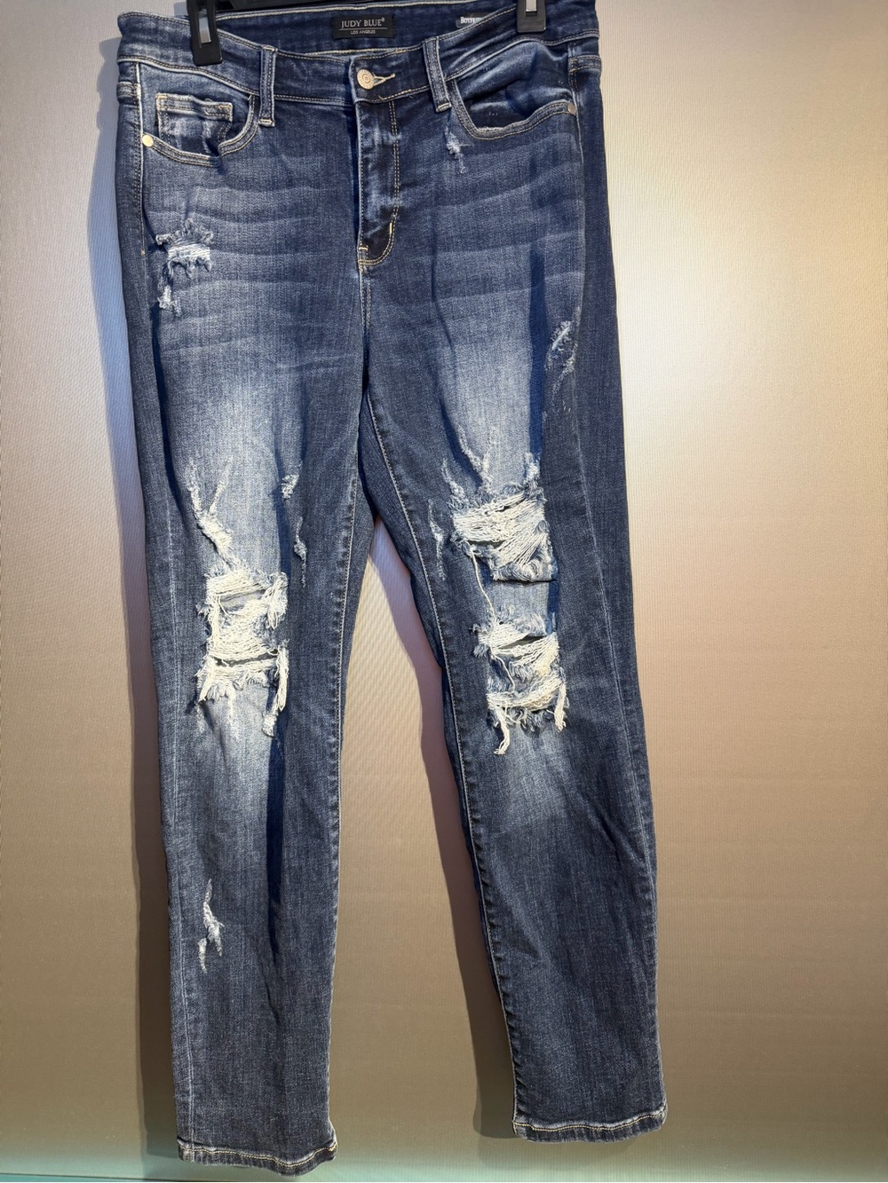 Judy Blue Ripped Boyfriend Jeans - Medium Blue Wash